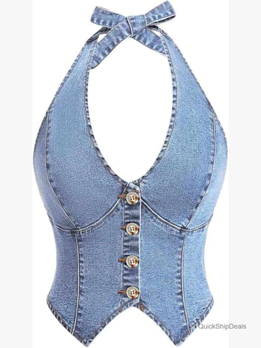 Plus Size Halter Neck Denim Top Button Down Sleeveless Tie Back Jean Tops